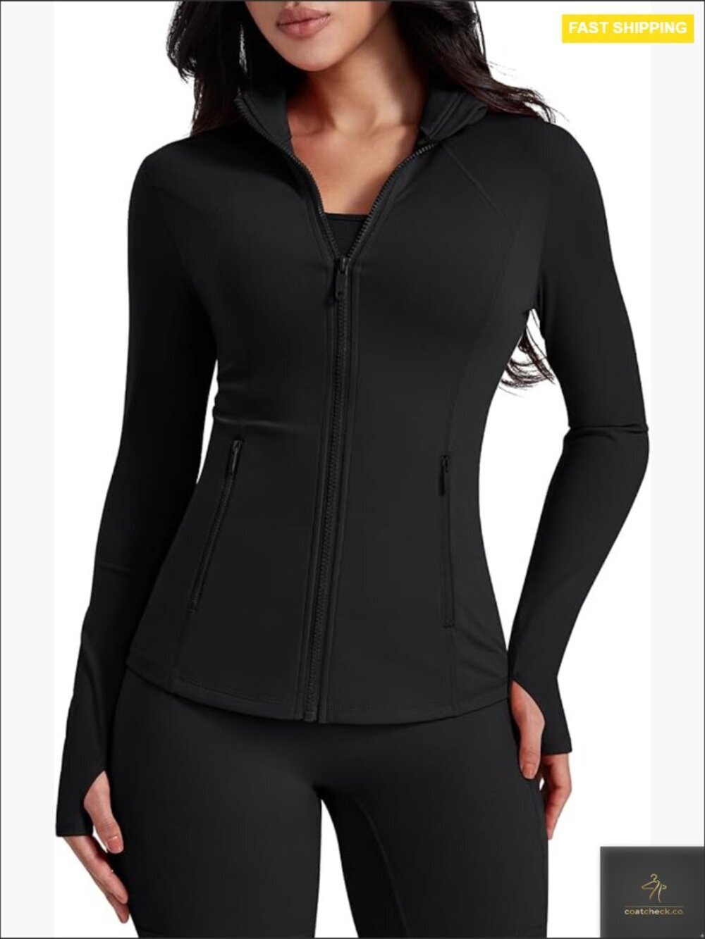 Slim Fit Zip Up Workout Jacket with Thumb Holes and Pockets